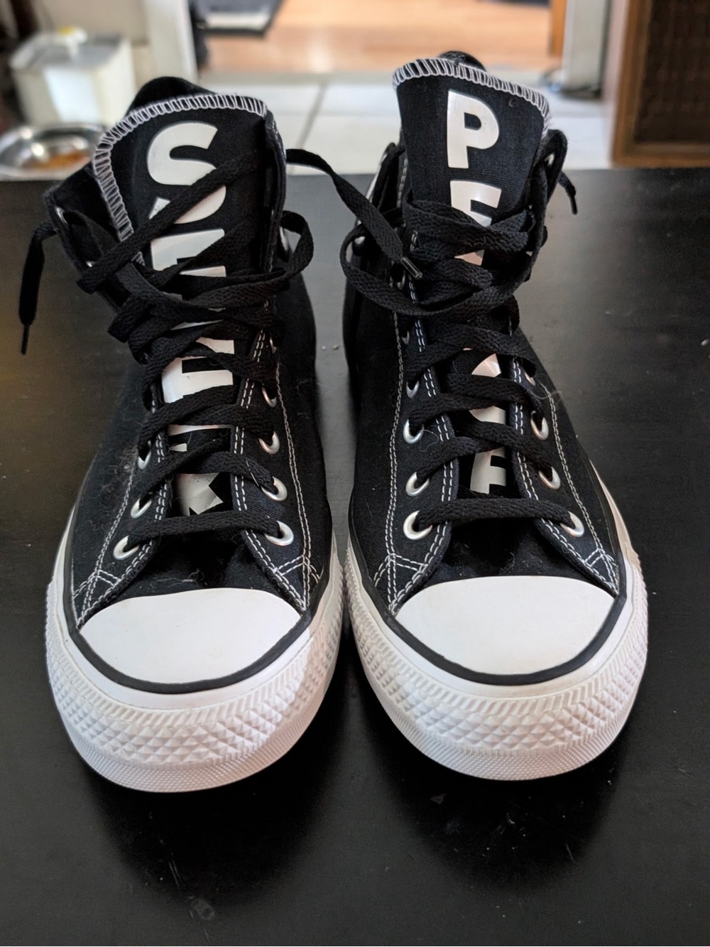 Black High-Top Mens Chucks White Toe and Logo with removable Peace patch. ✌🏽